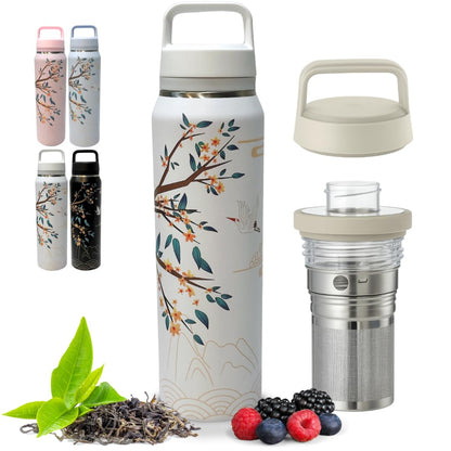 Farasi All-Purpose Insulated Water Bottle with Stainless Steel Tea Infuser, Coffee, Fruit Infusion, Loose Leaf Tea Infuser Bottle - Wide Mouth, Leakproof Built In Handle White Floral 24 oz
