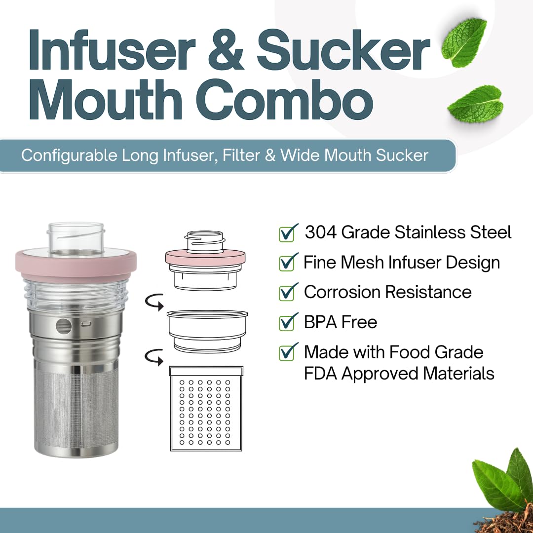 Farasi All-Purpose Insulated Water Bottle with Stainless Steel Tea Infuser, Coffee, Fruit Infusion, Loose Leaf Tea Infuser Bottle - Wide Mouth, Leakproof Built In Handle White Floral 24 oz